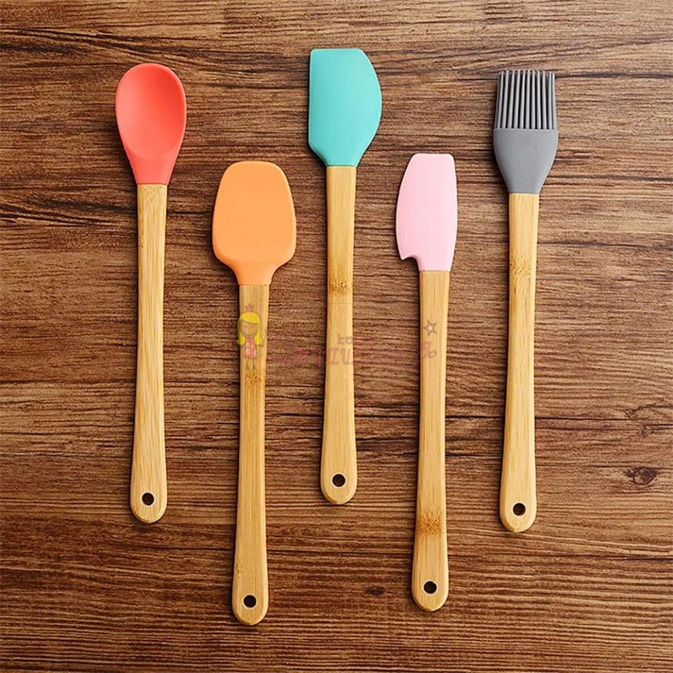 5 Parça Silikon Spatula Kaşık Fırça Seti - Bambu Saplı