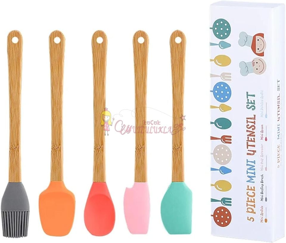 5 Parça Silikon Spatula Kaşık Fırça Seti - Bambu Saplı