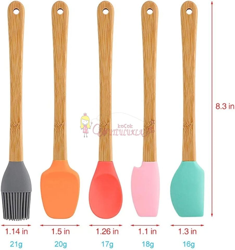 5 Parça Silikon Spatula Kaşık Fırça Seti - Bambu Saplı