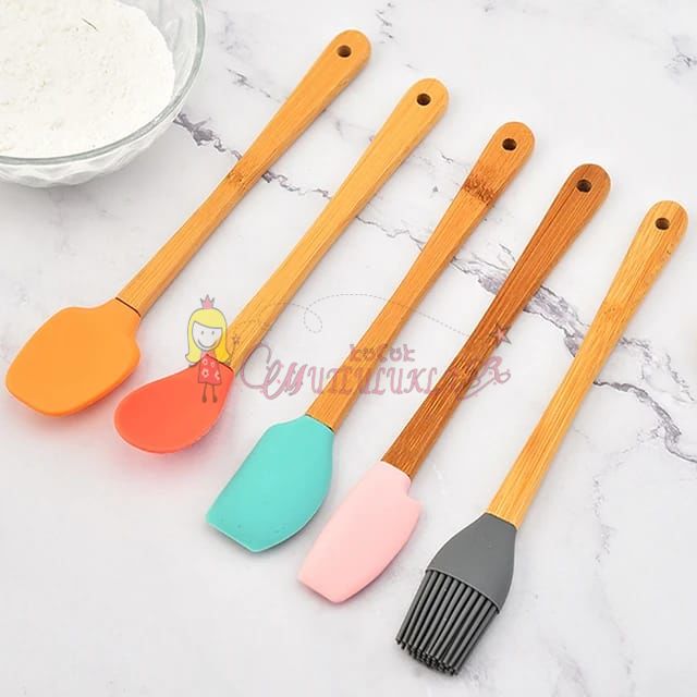 5 Parça Silikon Spatula Kaşık Fırça Seti - Bambu Saplı