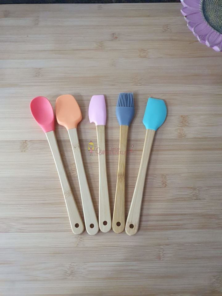 5 Parça Silikon Spatula Kaşık Fırça Seti - Bambu Saplı