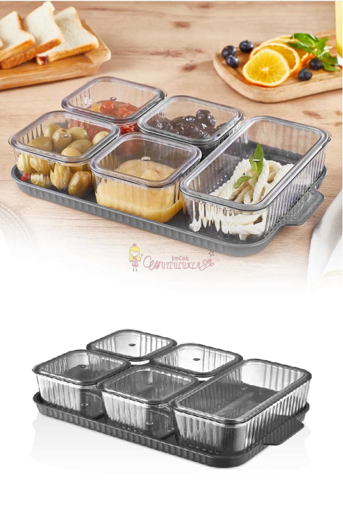Lüx 5 Bölmeli Tepsili Antrasit ve Sefaf  Kristal Kahvaltılık Saklama Kabı