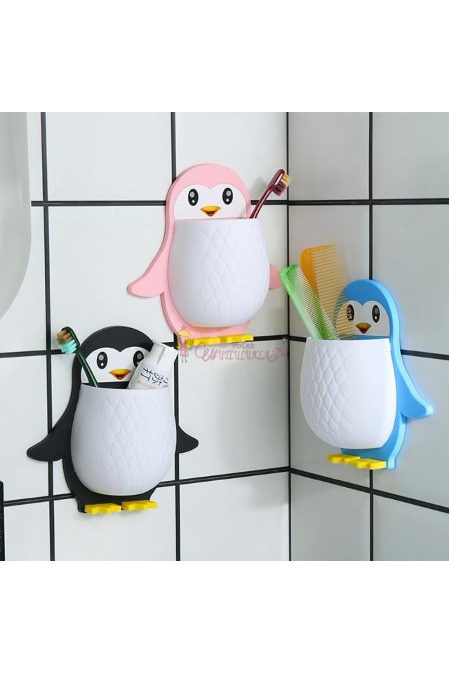 Penguen Tasarımlı Diş Fırça Macun Kutusu Yapışkanlı Çok Amaçlı Organizer