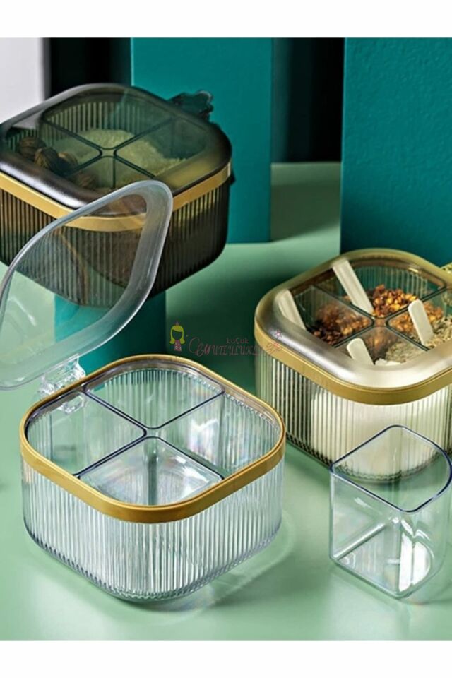 4 Bölmeli Gold Detaylı Kaşıklı Baharatlık Kapaklı