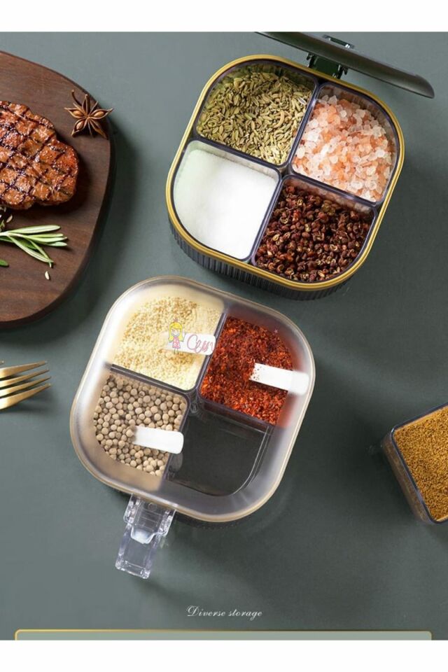 4 Bölmeli Gold Detaylı Kaşıklı Baharatlık Kapaklı