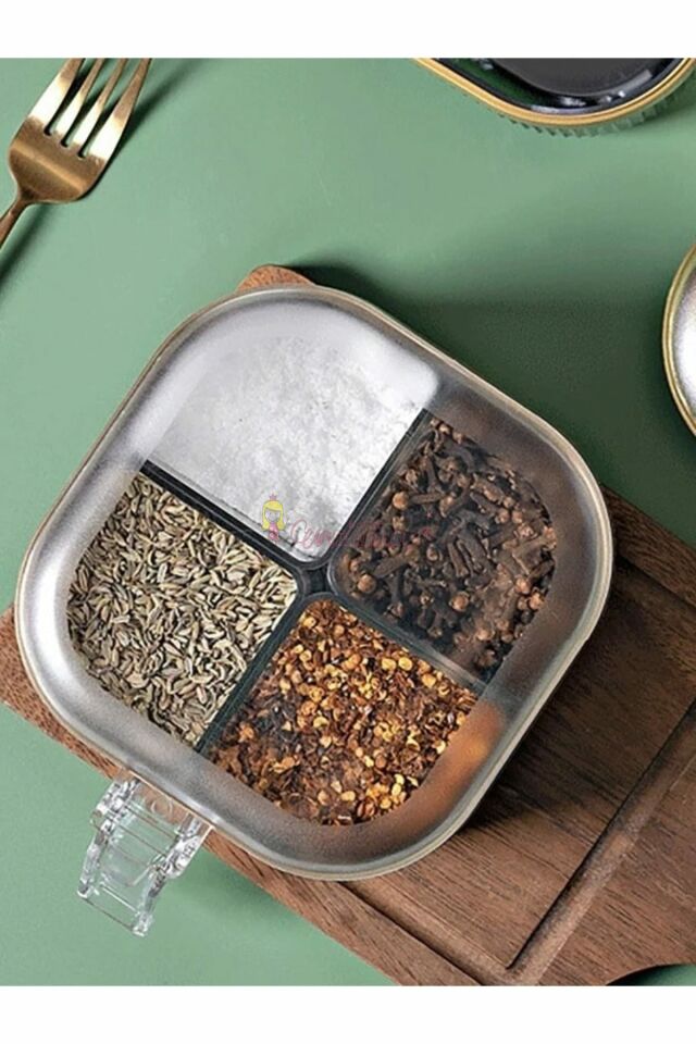 4 Bölmeli Gold Detaylı Kaşıklı Baharatlık Kapaklı