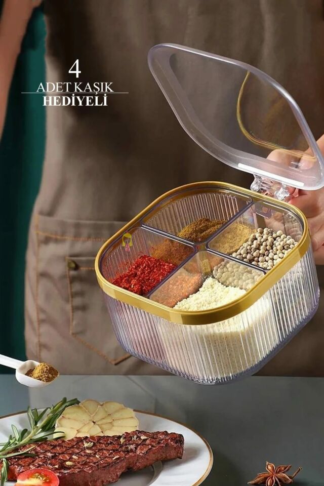 4 Bölmeli Gold Detaylı Kaşıklı Baharatlık Kapaklı