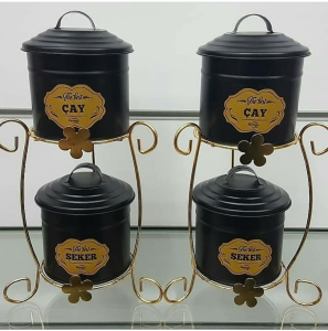 GOLD RENK STANDLI LÜX METAL ÇAY ŞEKER KAVANOZ SETİ