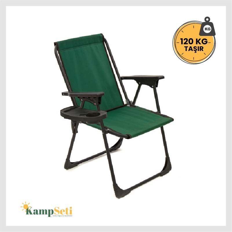 Kampseti Katlanır Kamp Sandalyesi - Yeşil Piknik Sandalyesi Bardaklıklı-M1