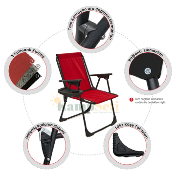 Kampseti Katlanır Kamp Sandalyesi - Kırmızı Piknik Sandalyesi Bardaklıklı-M1
