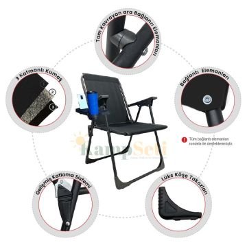Kampseti 2 Adet Siyah Katlanır Kamp Sandalyesi - Plaj Piknik Sandalyesi Bardaklıklı M1