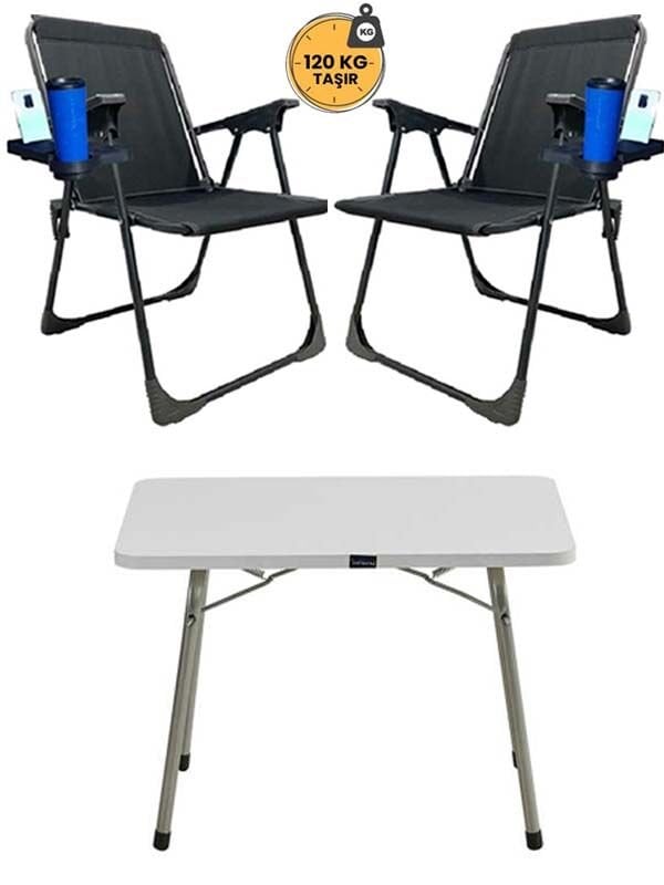 Kampseti 2 Adet Siyah Katlanır Kamp Sandalye ve Masa Seti-Taşınabilir Piknik Bahçe Sandalyesi-Masası