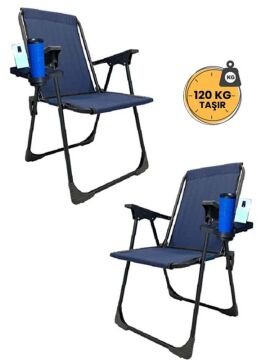 Kampseti 2 Adet Mavi Katlanır Kamp Sandalye ve Masa Seti-Taşınabilir Piknik Bahçe Sandalyesi-Masası