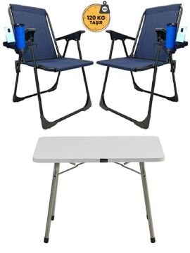Kampseti 2 Adet Mavi Katlanır Kamp Sandalye ve Masa Seti-Taşınabilir Piknik Bahçe Sandalyesi-Masası