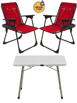 Kampseti 2 Adet Kırmızı Katlanır Kamp Sandalye ve Masa Seti-Taşınabilir Piknik Bahçe Sandalyesi-Masası