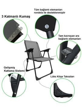 Kampseti 2 Adet Gri Katlanır Kamp Sandalye ve Masa Seti-Taşınabilir Piknik Bahçe Sandalyesi-Masası