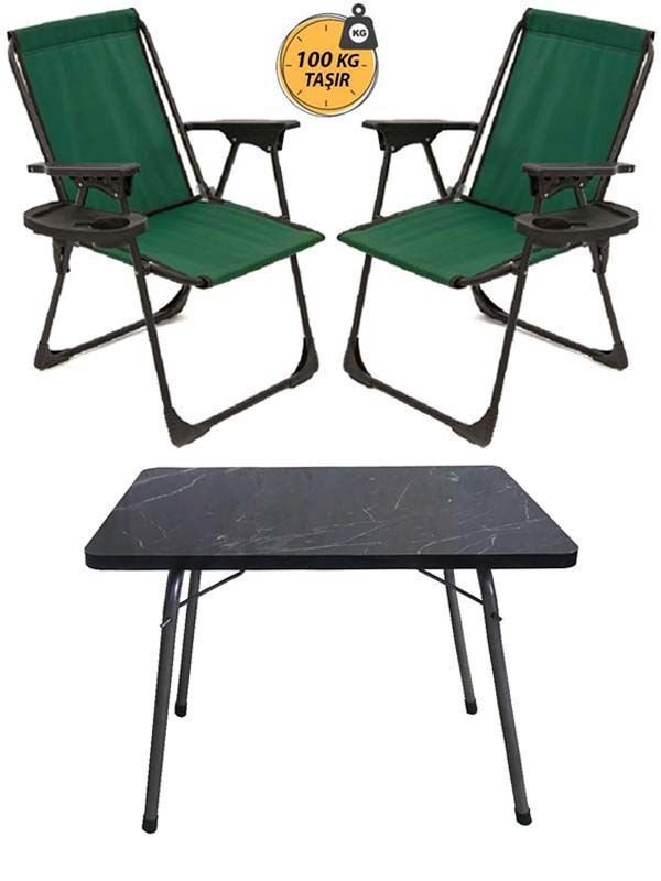 Kampseti 2 Adet Katlanır Kamp Sandalye Yeşil-Siyah ve Masa Seti-Taşınabilir Piknik Bahçe Sandalyesi-Masası