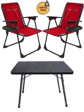Kampseti 2 Adet Katlanır Kamp Sandalye Kırmızı-Siyah ve Masa Seti-Taşınabilir Piknik Bahçe Sandalyesi-Masası