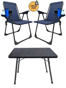 Kampseti 2 Adet Katlanır Kamp Sandalye Lacivert-Siyah ve Masa Seti-Taşınabilir Piknik Bahçe Sandalyesi-Masası