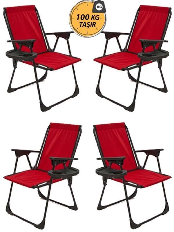 Kampseti 4 Adet Katlanır Kamp Sandalyesi-Kırmızı-Taşınabilir Piknik Bahçe Sandalyesi