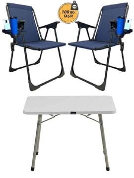 Kampseti 2 Adet Lacivert Katlanır Kamp Sandalye ve Masa Seti-Taşınabilir Piknik Bahçe Sandalyesi-Masası