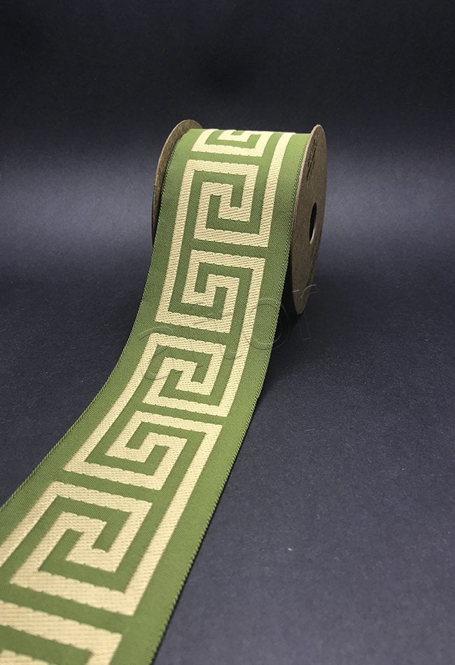bordür kurdela şerit jakarlı bordür (3.5 mt top) kumaş bordür 70176 V13 Yeşil zemin üzerine Açık vizon