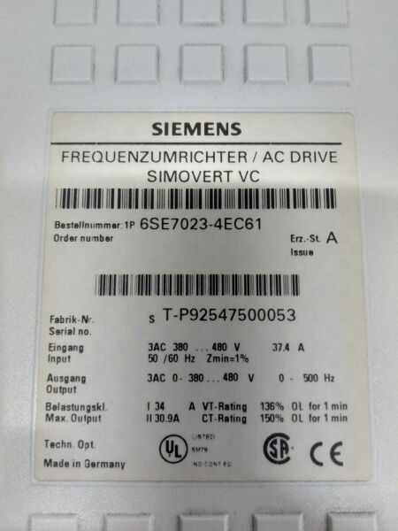 6SE7023-4EC61 SIMOVERT MASTERDRIVES VECTOR CONTROL CONVERTER COMPACT UNIT