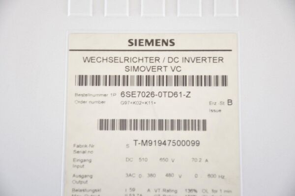 6SE7026-0TD61-Z SIMOVERT MASTERDRIVES VECTOR CONTROL INVERTER COMPACT UNIT