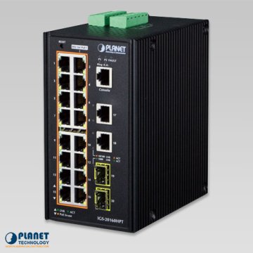 Planet IGS-20160HPT Endüstriyel 16-Port PoE+ 2-Port SFP Managed Ethernet Switch