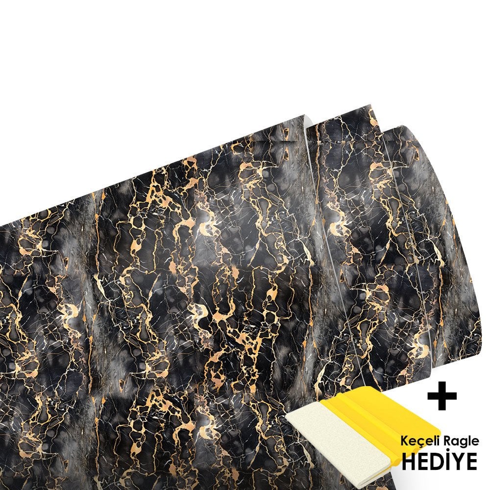 Black Gold Marble Metrelik Araç Kaplama Folyosu (Laminasyonlu)