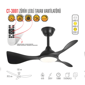 Zürih Ledli Tavan Vantilatörü  Cata CT-3001