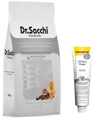 Dr Sacchi Premium Somon Düşük Tahıl Kısır kedi Mama 1,5 Kg + Gimcat 50 gr Urinary paste Hediyeli