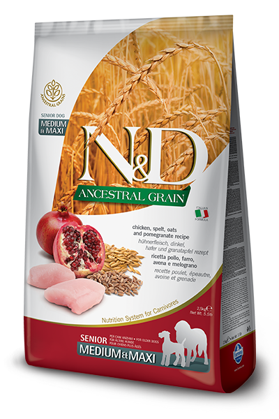 N&D Ancestral Grain Tavuk, Kılçıksız Buğday, Yulaf & Nar Senior Medium & Maxi Köpek Maması 2,5 Kg