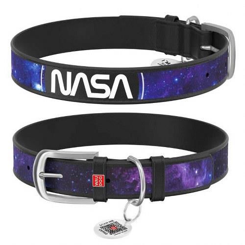 Waudog Collar QR Pasaportlu Deri Köpek Boyun Tasması, Siyah,  NASA21 Desenli, XS, W 12 mm, L 21-29 cm