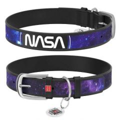 Waudog Collar QR Pasaportlu Deri Köpek Boyun Tasması, Siyah,  NASA21 Desenli, XS, W 12 mm, L 21-29 cm