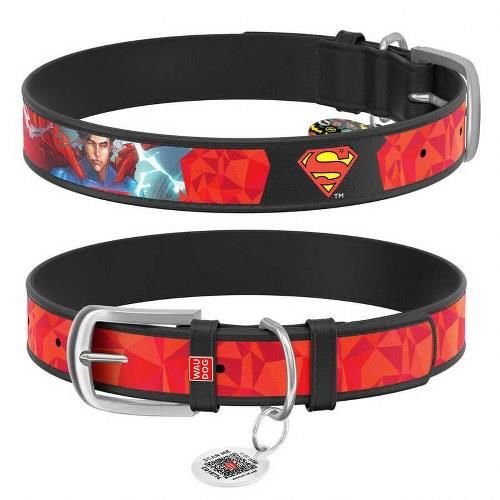 Waudog Collar QR Pasaportlu Deri Köpek Boyun Tasması, Siyah,  Superman1 Desenli, W 12 mm, L 18-24 cm