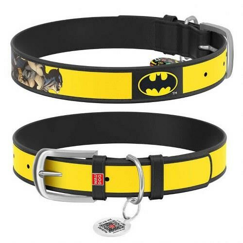 Waudog Collar QR Pasaportlu Deri Köpek Boyun Tasması, Siyah,  Batman2 Desenli, W 12 mm, L 18-24 cm