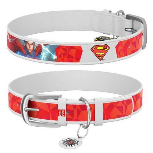 Waudog Collar QR Pasaportlu Deri Köpek Boyun Tasması, Beyaz, Superman1 Desenli, W 12 mm, L 18-24 cm