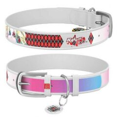 Waudog Collar QR Pasaportlu Deri Köpek Boyun Tasması, Beyaz, Harley Quinn Desenli, W 12 mm, L 18-24 cm