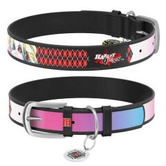Waudog Collar QR Pasaportlu Deri Köpek Boyun Tasması, Siyah, Harley Quinn Desenli, W 12 mm, L 20-28 cm
