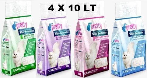 Pet Pretty İnce Taneli Topaklaşan Kedi Kumu 10 Lt X 4 ADET (SABUN-LAVANTA-PUDRA-ALOEVERA)