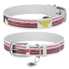 Waudog Collar QR Pasaportlu Deri Köpek Boyun Tasması, Beyaz, 38-49 CM, Wonder Woman Desenli