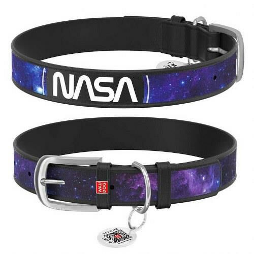 Waudog Collar QR Pasaportlu Deri Köpek Boyun Tasması, Siyah, NASA21 Desenli, XS, W 12 mm, L 18-25 cm