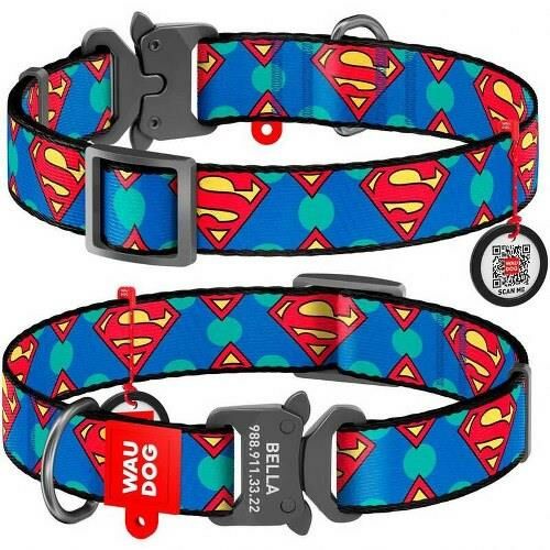 Waudog Collar QR Pasaportlu  Köpek Boyun Tasması, 15 MM 23-35 CM, Superman Desenli Metal Tokalı
