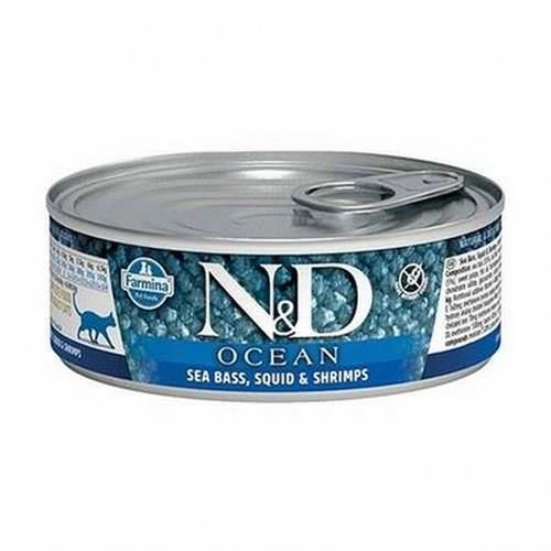 N&D Ocean Levrek Mürekkep Balığı Karides Kedi Konservesi 6x80 Gr