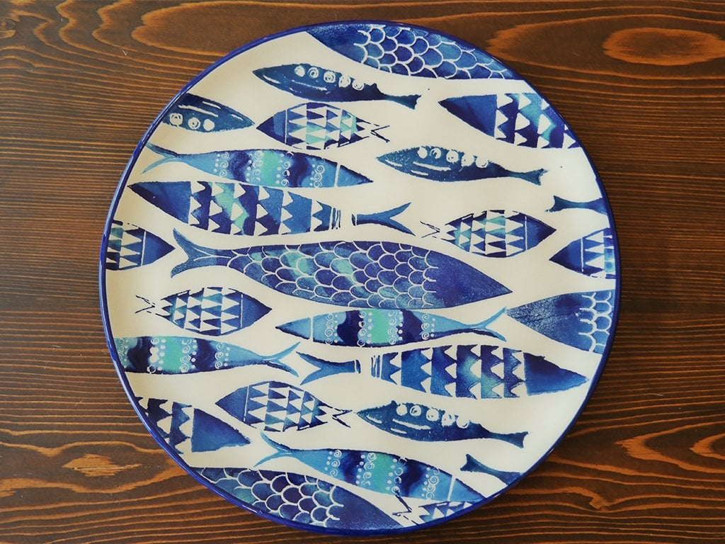 Mavi-Beyaz Balık Desenli Servis Tabağı
