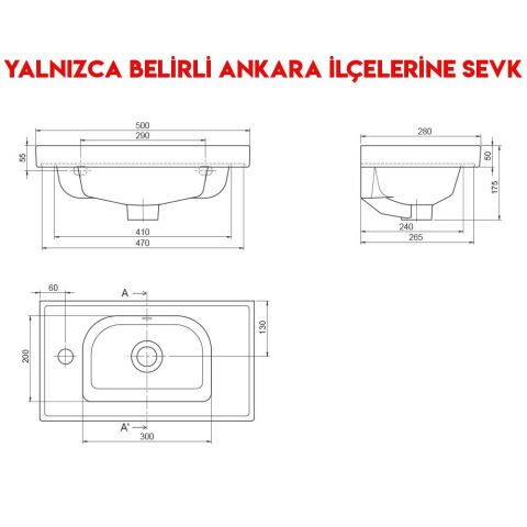 Turkuaz Frame 50x28 cm Soldan Batarya Delikli Etajerli Lavabo