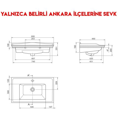 Turkuaz Kapadokya 80x48 cm Etajerli Lavabo