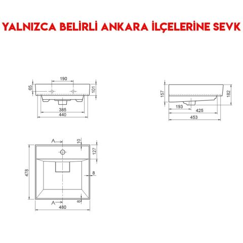 Turkuaz Sharp 48x48 cm Etajerli Lavabo