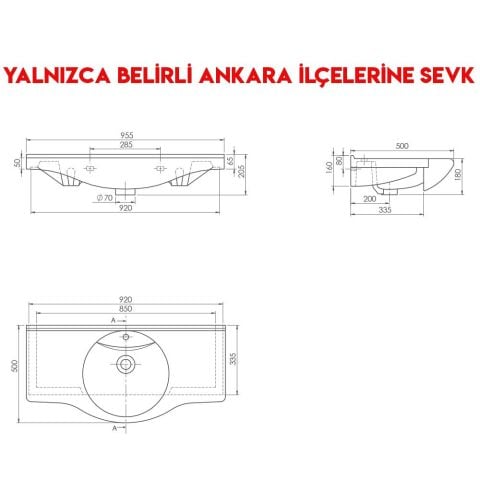 Turkuaz Nil 95x50 cm Etajerli Lavabo